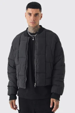 Tall Boxy Peached Square Quilted Bomber Jacket | BoohooMAN UK