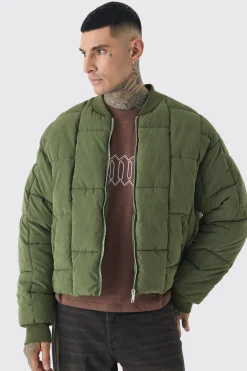 Tall Boxy Peached Square Quilted Bomber Jacket | BoohooMAN UK