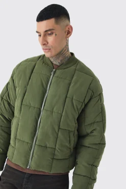 Tall Boxy Peached Square Quilted Bomber Jacket | BoohooMAN UK