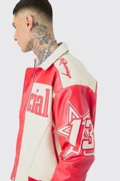 Tall Boxy Pu Moto Collared Bomber | BoohooMAN UK