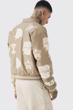 Tall Boxy PU Tonal Badge Varsity Jacket | BoohooMAN UK