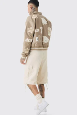 Tall Boxy PU Tonal Badge Varsity Jacket | BoohooMAN UK