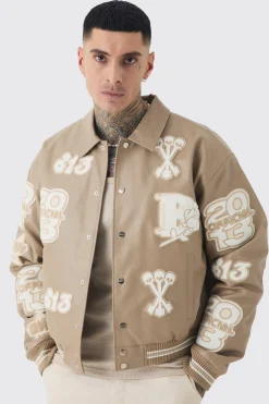 Tall Boxy PU Tonal Badge Varsity Jacket | BoohooMAN UK