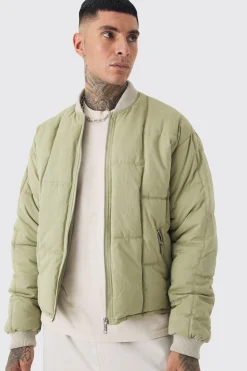Tall Boxy Quilted Bomber Jacket In Sage | BoohooMAN UK