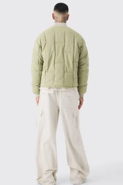 Tall Boxy Quilted Bomber Jacket In Sage | BoohooMAN UK