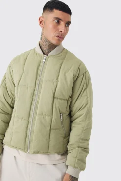 Tall Boxy Quilted Bomber Jacket In Sage | BoohooMAN UK