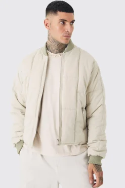 Tall Boxy Quilted Bomber Jacket In Stone | BoohooMAN UK