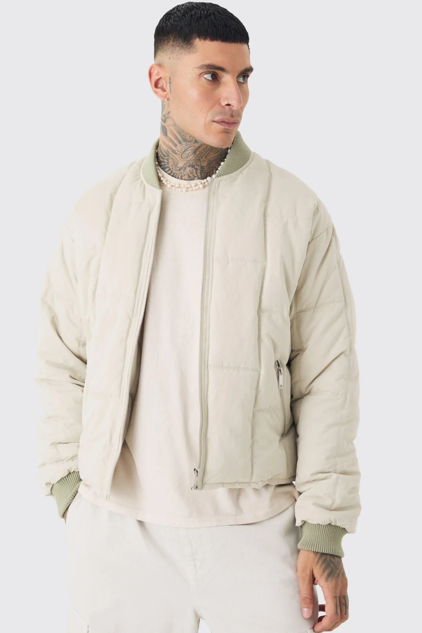 Tall Boxy Quilted Bomber Jacket In Stone | BoohooMAN UK