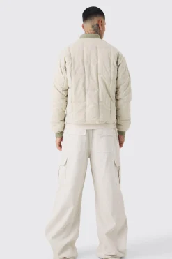 Tall Boxy Quilted Bomber Jacket In Stone | BoohooMAN UK