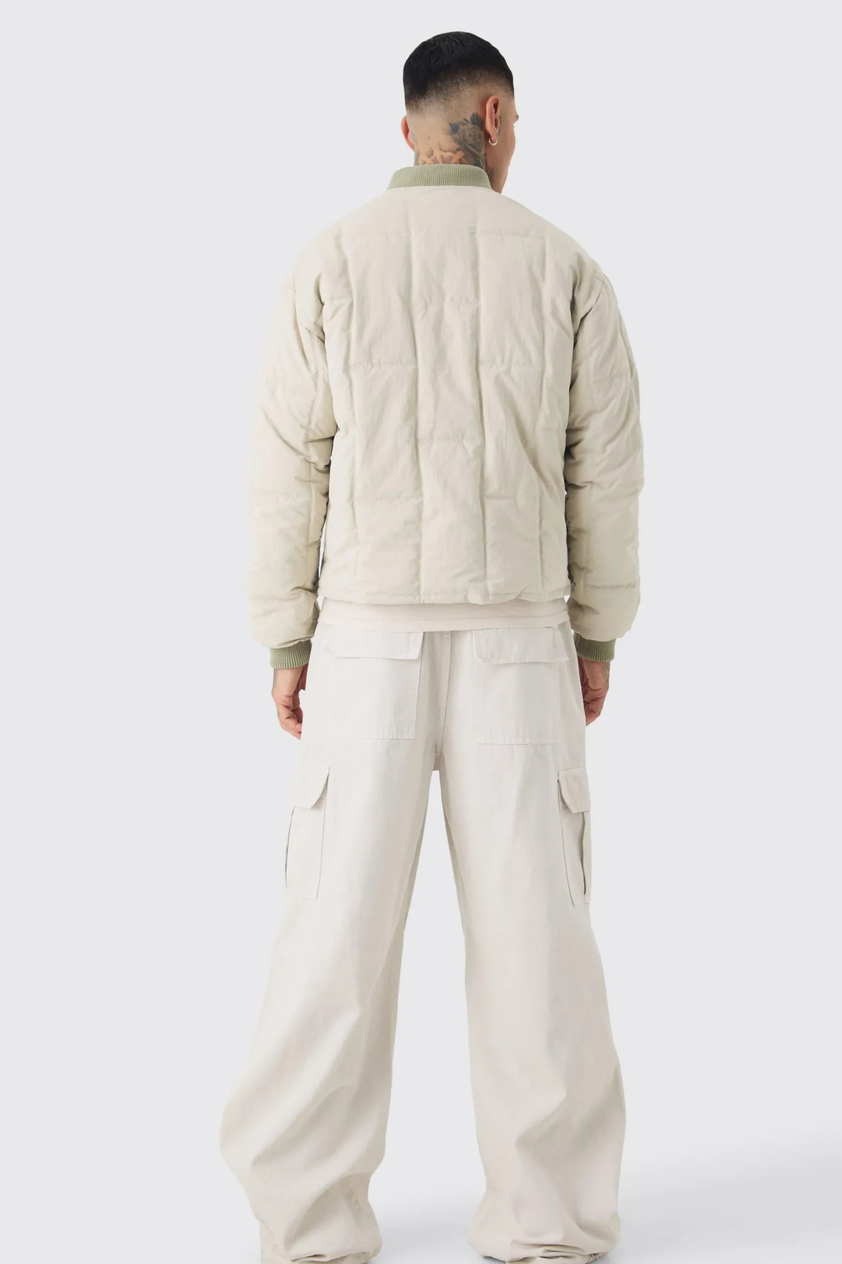 Tall Boxy Quilted Bomber Jacket In Stone | BoohooMAN UK