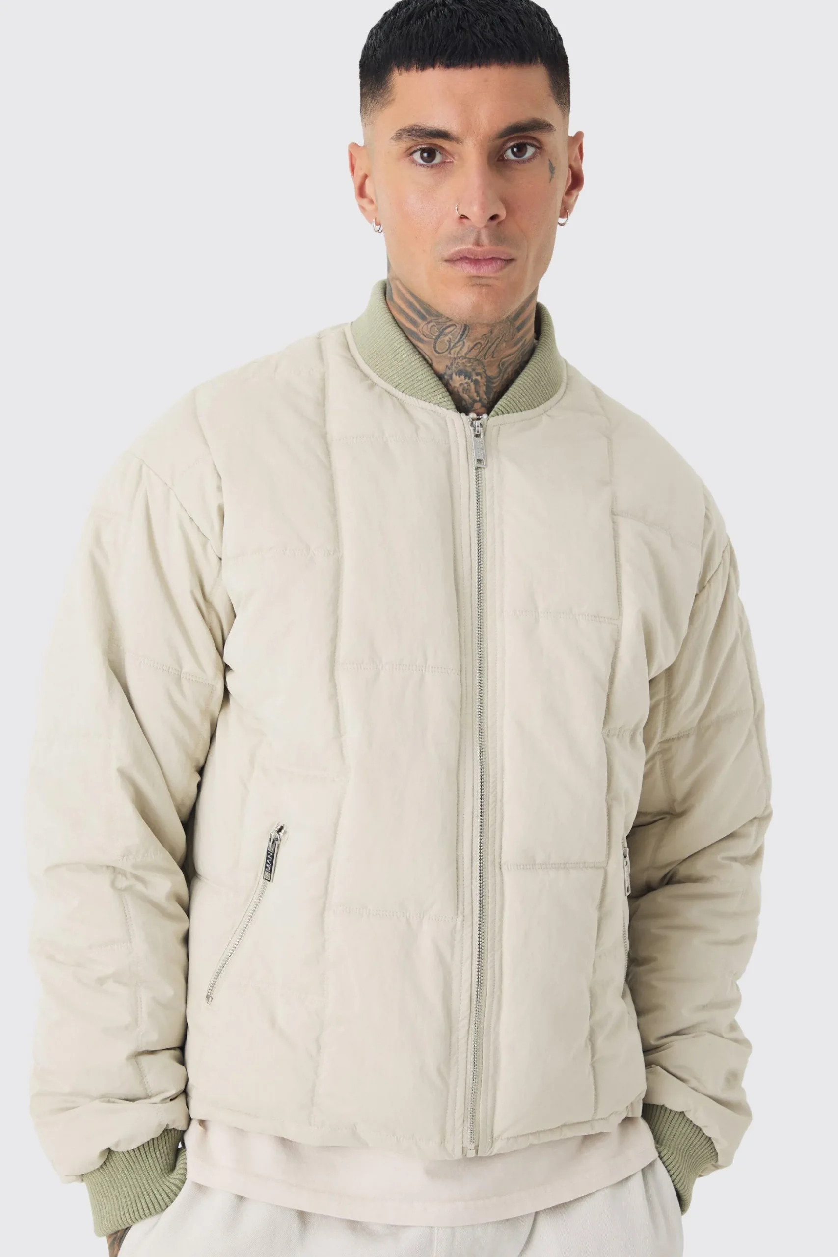 Tall Boxy Quilted Bomber Jacket In Stone | BoohooMAN UK