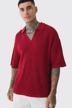 Tall Boxy Short Sleeve Ribbed Knit Polo | BoohooMAN UK