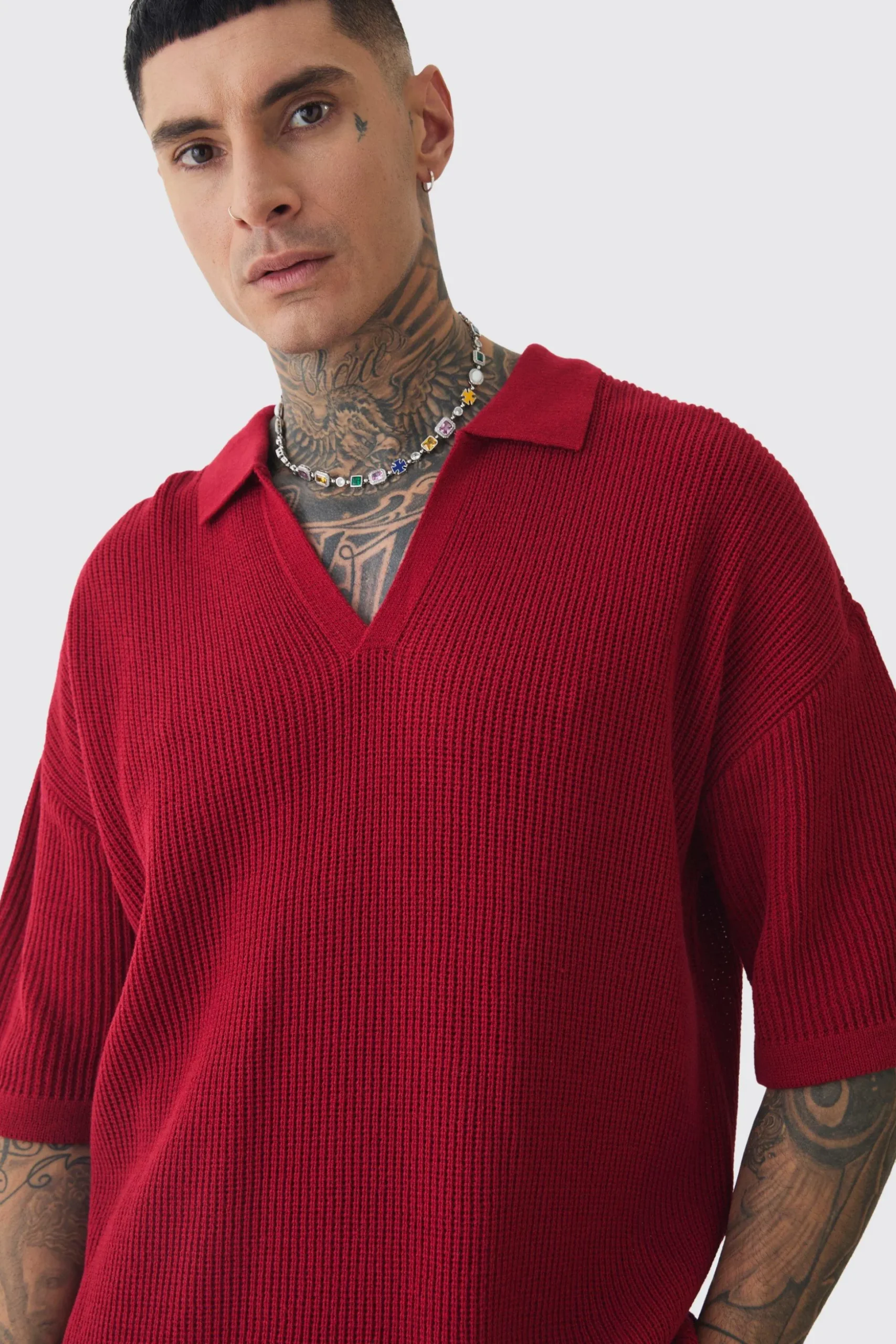 Tall Boxy Short Sleeve Ribbed Knit Polo | BoohooMAN UK