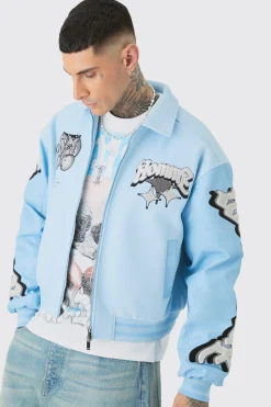 Tall Boxy Teddy Applique Bomber | BoohooMAN UK