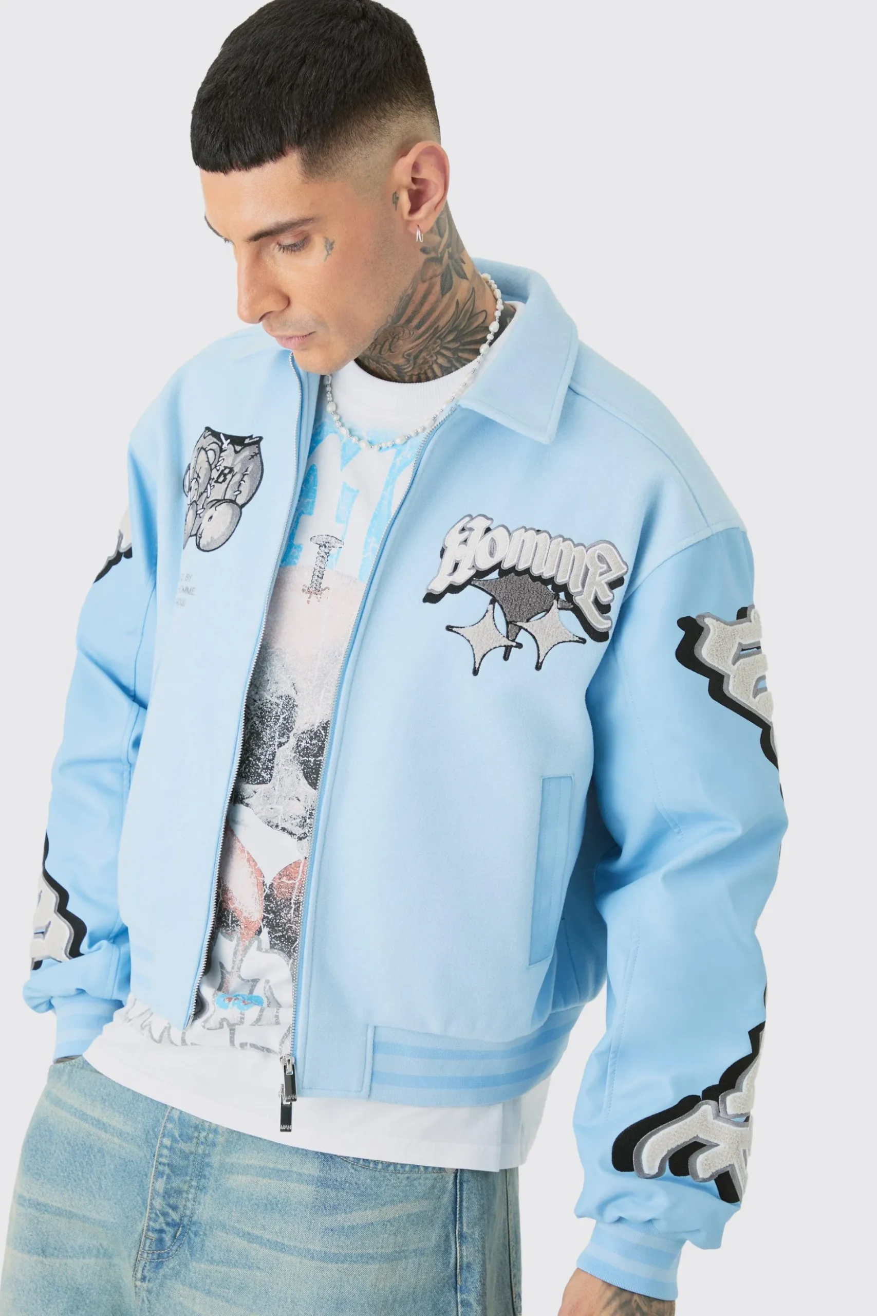 Tall Boxy Teddy Applique Bomber | BoohooMAN UK