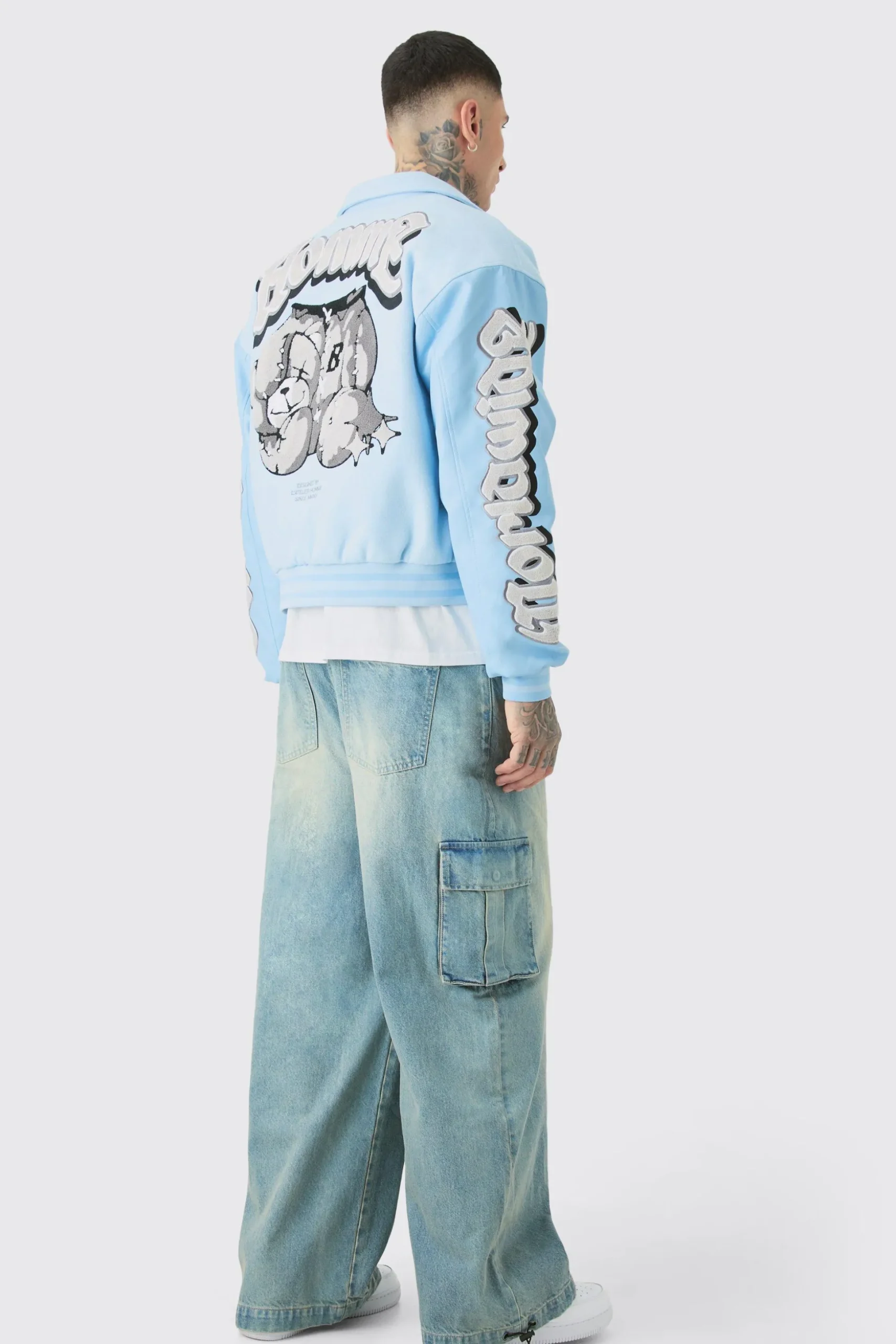 Tall Boxy Teddy Applique Bomber | BoohooMAN UK