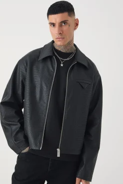 Tall Boxy Textured PU Harrington Jacket In Black | BoohooMAN UK