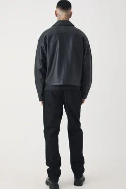 Tall Boxy Textured PU Harrington Jacket In Black | BoohooMAN UK