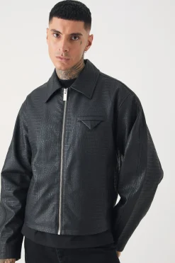 Tall Boxy Textured PU Harrington Jacket In Black | BoohooMAN UK