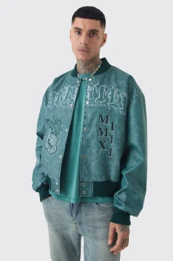 Tall Boxy Tonal Badge Tumbled PU Varsity Jacket In Blue | BoohooMAN UK