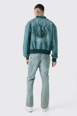 Tall Boxy Tonal Badge Tumbled PU Varsity Jacket In Blue | BoohooMAN UK