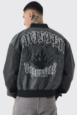 Tall Boxy Tonal Badge Tumbled PU Varsity Jacket In Black | BoohooMAN UK
