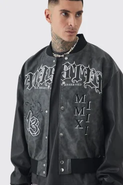 Tall Boxy Tonal Badge Tumbled PU Varsity Jacket In Black | BoohooMAN UK