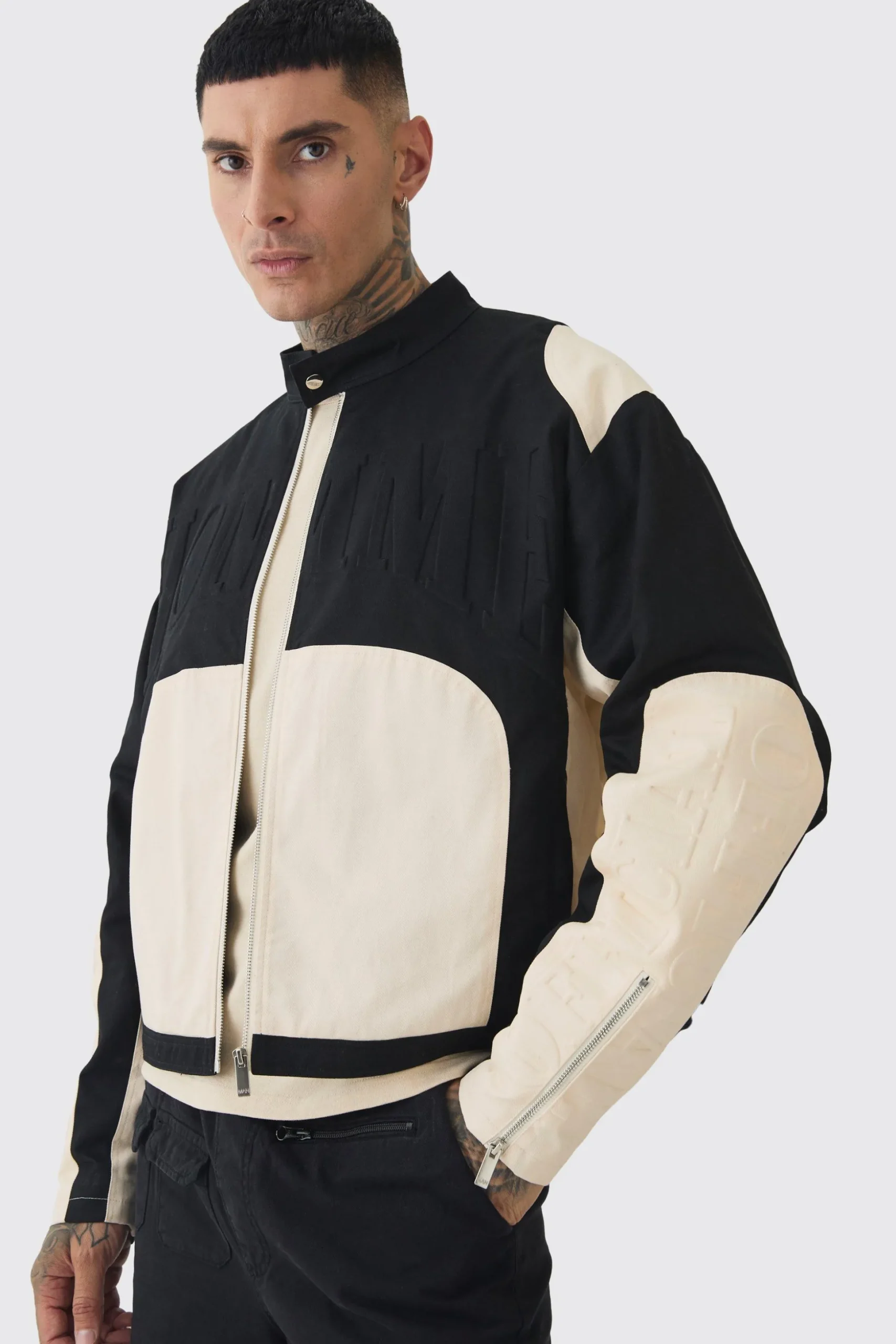 Tall Boxy Twill Homme Moto Jacket In Ecru | BoohooMAN UK