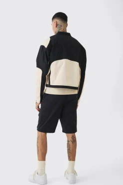 Tall Boxy Twill Homme Moto Jacket In Ecru | BoohooMAN UK