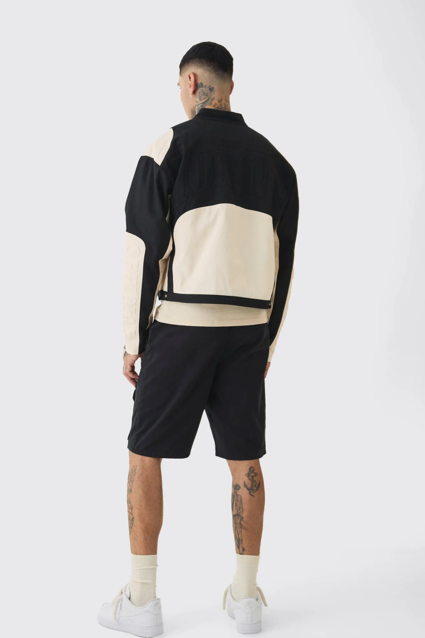 Tall Boxy Twill Homme Moto Jacket In Ecru | BoohooMAN UK