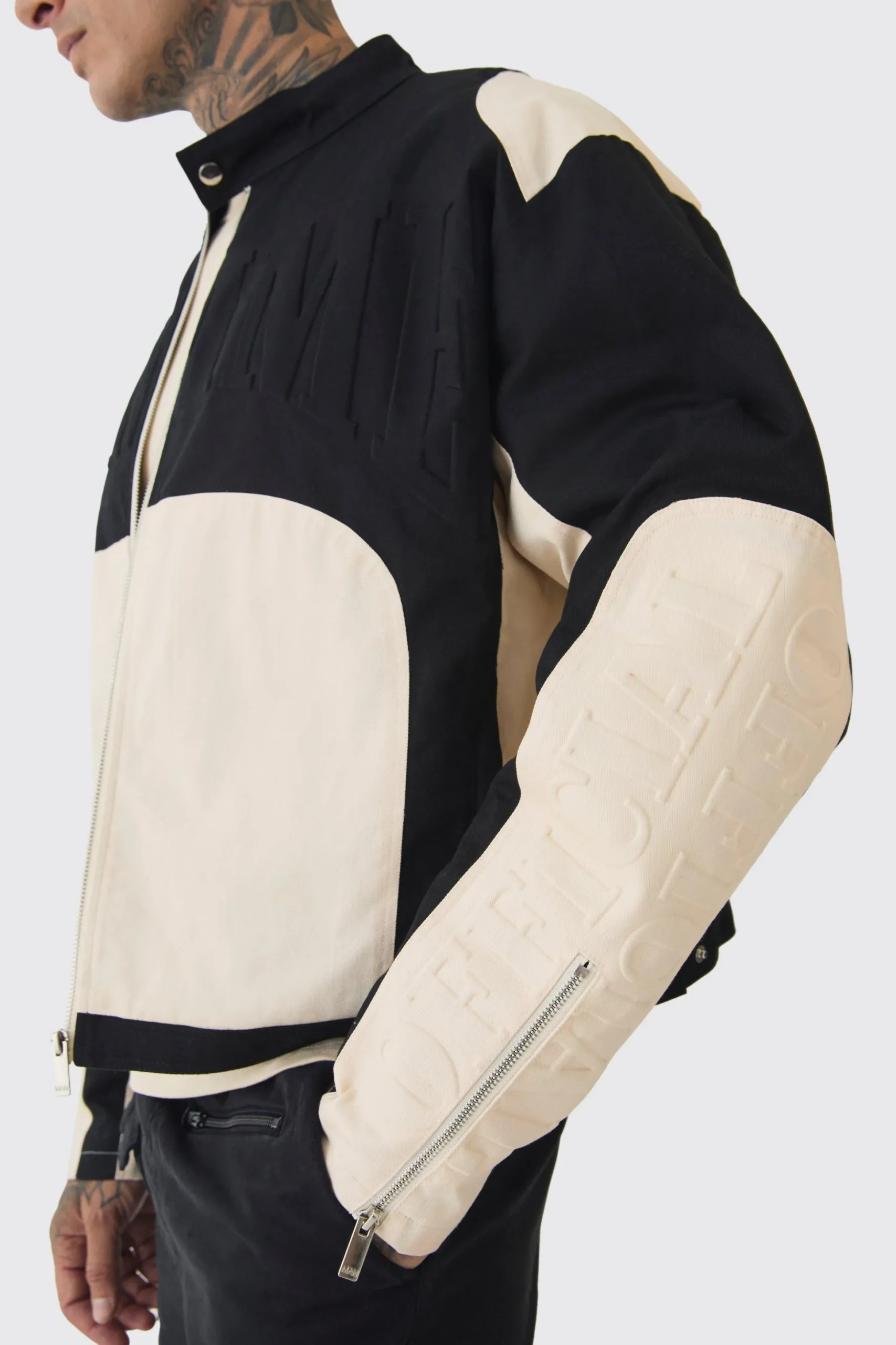Tall Boxy Twill Homme Moto Jacket In Ecru | BoohooMAN UK