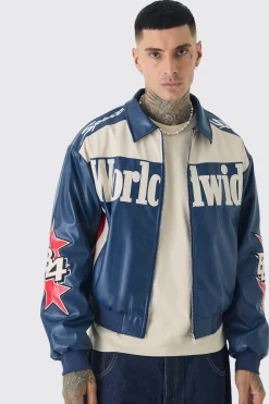 Tall Boxy Worldwide Collared Pu Bomber Jacket In Blue | BoohooMAN UK