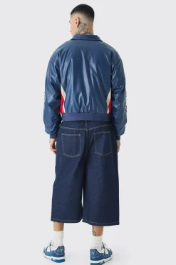 Tall Boxy Worldwide Collared Pu Bomber Jacket In Blue | BoohooMAN UK
