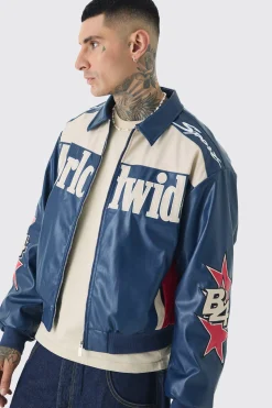 Tall Boxy Worldwide Collared Pu Bomber Jacket In Blue | BoohooMAN UK