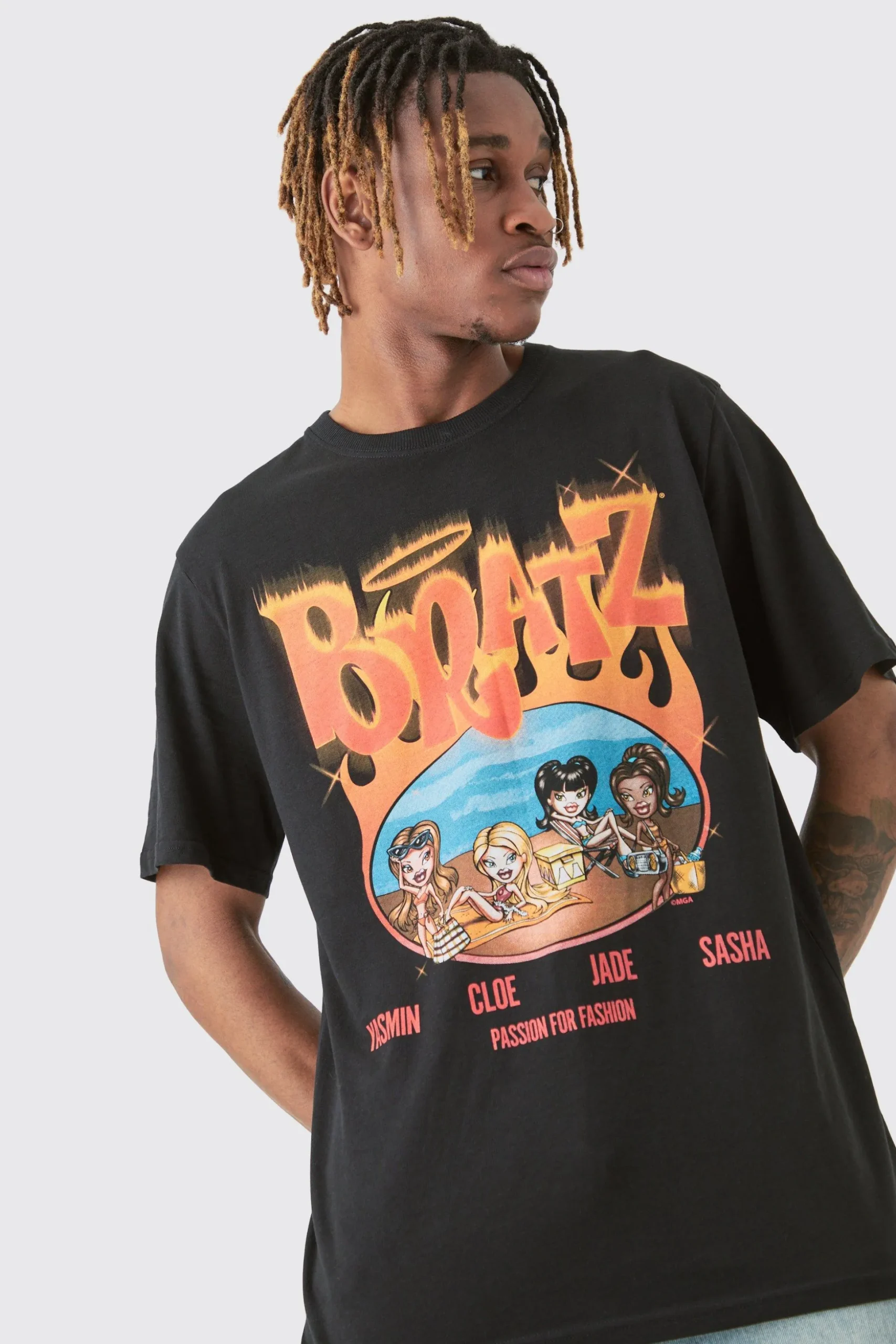 Tall Bratz Licence Flame Printed T-shirt In Black | BoohooMAN UK