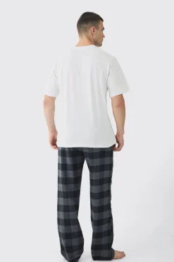 Tall Brushed Check Loungewear Bottom And T-shirt Set In Grey | BoohooMAN UK