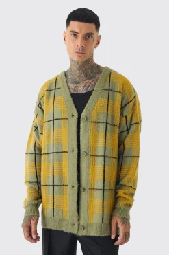 Tall Brushed Knit Check Drop Shoulder Cardigan | BoohooMAN UK