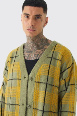 Tall Brushed Knit Check Drop Shoulder Cardigan | BoohooMAN UK