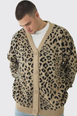 Tall Brushed Knit Leopard Print Oversized Cardigan | BoohooMAN UK