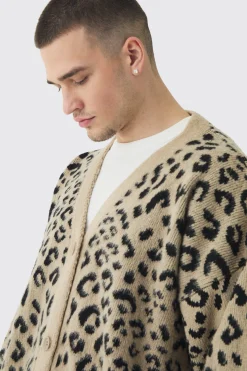 Tall Brushed Knit Leopard Print Oversized Cardigan | BoohooMAN UK