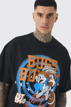 Tall Bugs Bunny Lisence Printed T-shirt In Black | BoohooMAN UK