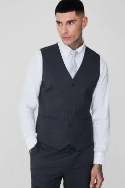 Tall Charcoal Check Waistcoat | BoohooMAN UK