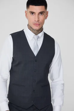 Tall Charcoal Check Waistcoat | BoohooMAN UK