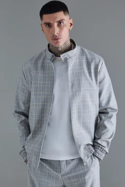 Tall Check High Neck Zip Up Smart Funnel Neck Jacket | BoohooMAN UK