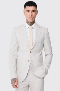 Tall Checked Skinny Fit Suit In Stone | BoohooMAN UK