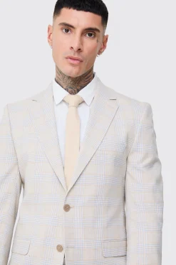 Tall Checked Skinny Fit Suit In Stone | BoohooMAN UK