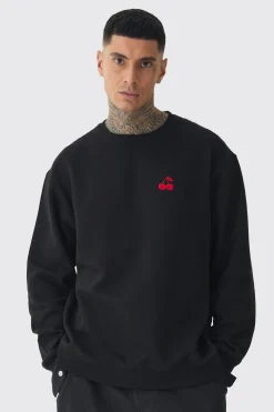Tall Cherry Embroidered Sweat | BoohooMAN UK