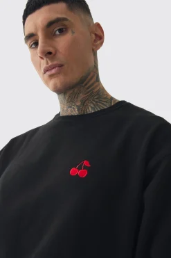 Tall Cherry Embroidered Sweat | BoohooMAN UK
