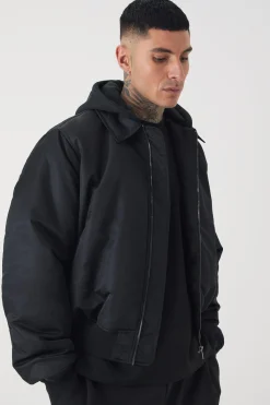 Tall Collared Boxy Bomber Jacket With Jersey Hood In Black | BoohooMAN UK