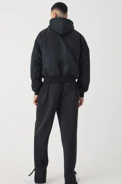 Tall Collared Boxy Bomber Jacket With Jersey Hood In Black | BoohooMAN UK